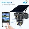Solar-powered outdoor security camera with dual lenses and wall mount bracket