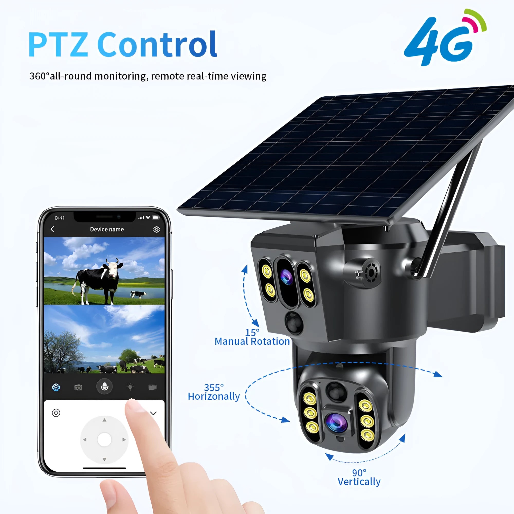 Solar-powered outdoor security camera with dual lenses and wall mount bracket