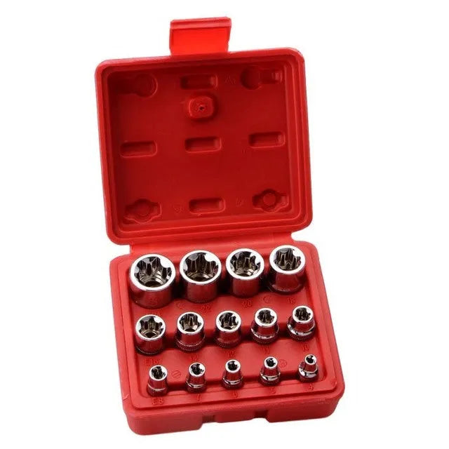 Red box containing a 14-piece chrome vanadium steel E-type socket tool set for auto and mechanical repair.