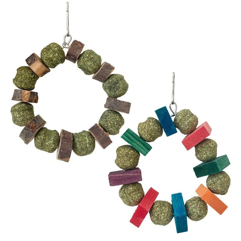 Hamster chew toy with two straw ball rings - one colourful sequin design, one natural applewood