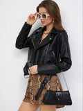 Black women's retro-style imitation leather jacket with a street fashion locomotive design on a model.