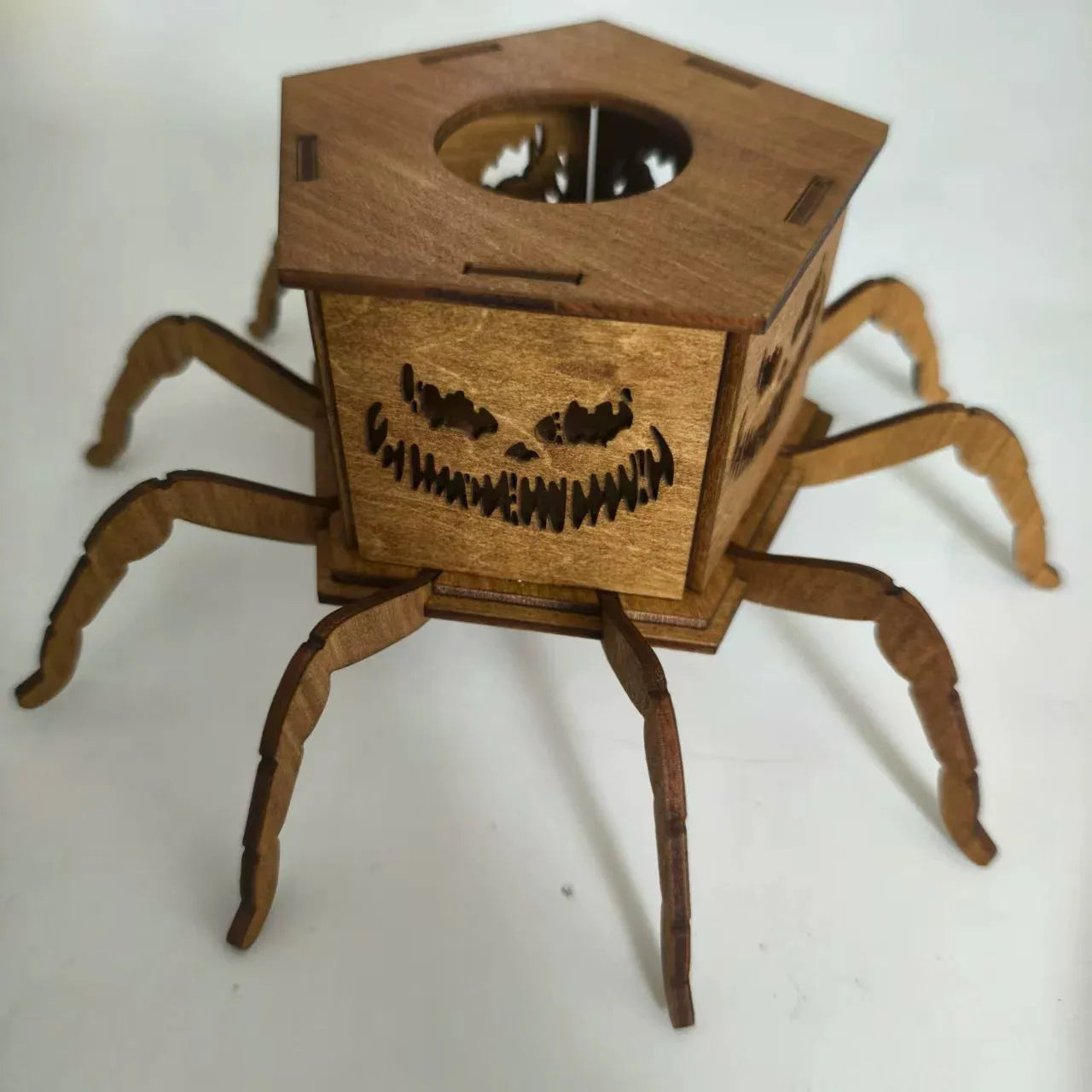 Wooden spider lantern candlestick Halloween decoration measuring 21cm by 8.5cm