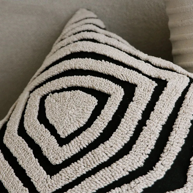 Black and white geometric towel embroidery cushion in 50x50cm square and 30x50cm waist pillow formats for sofa and living room.