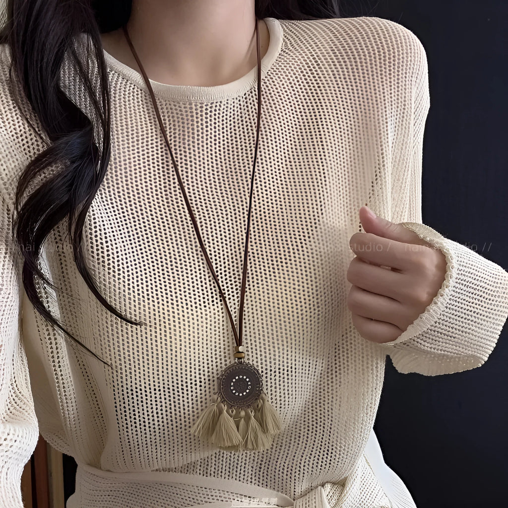 Retro ethnic style tassel long pendant necklace in copper alloy and acrylic geometry for women