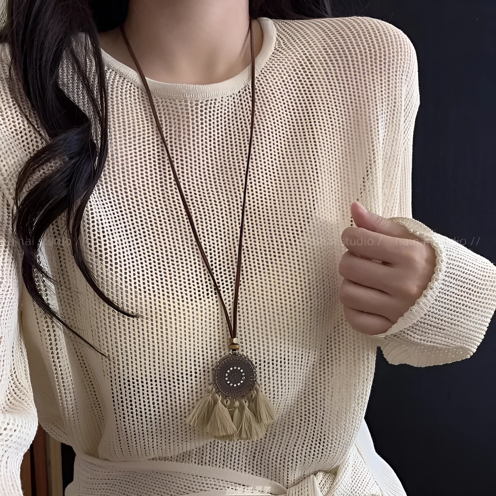 Retro ethnic style tassel long pendant necklace in copper alloy and acrylic geometry for women