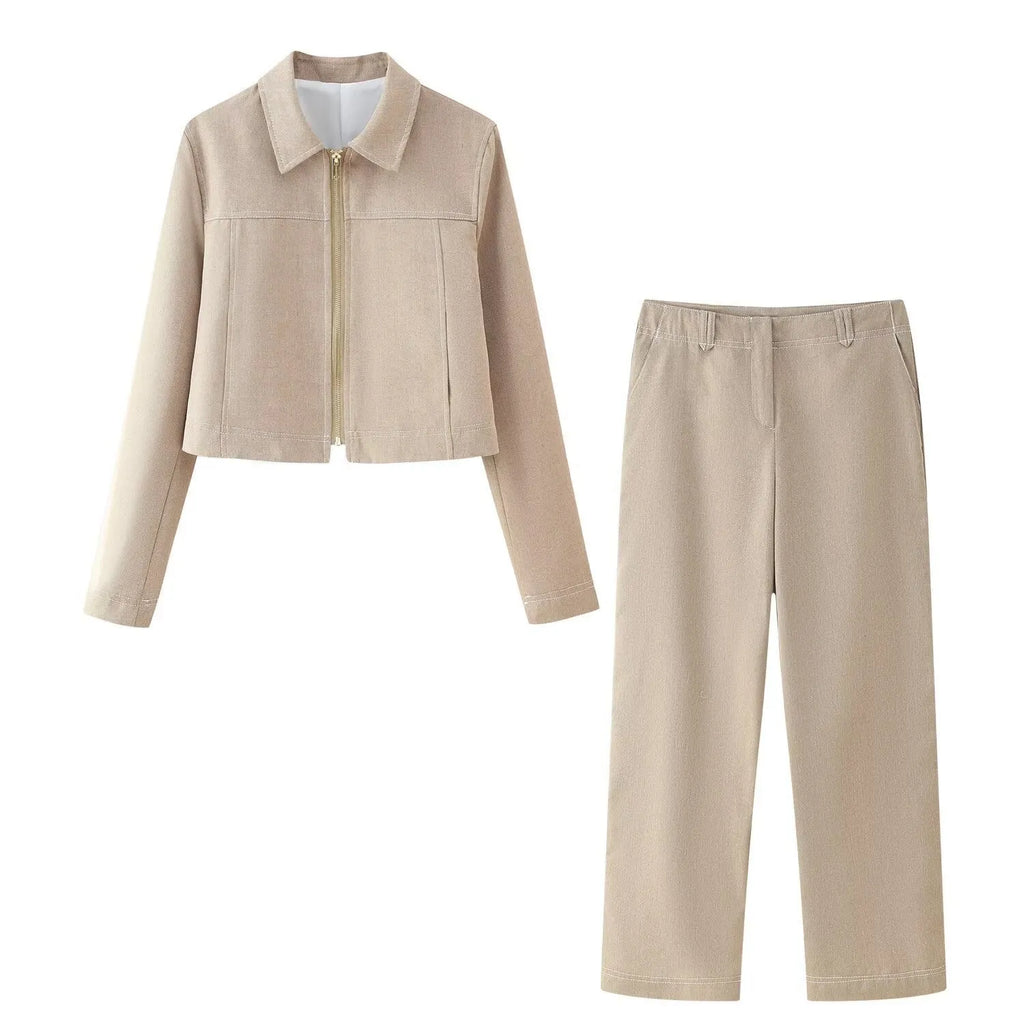 Women's herringbone pattern suit set with 3D embroidery detailing on jacket and trousers