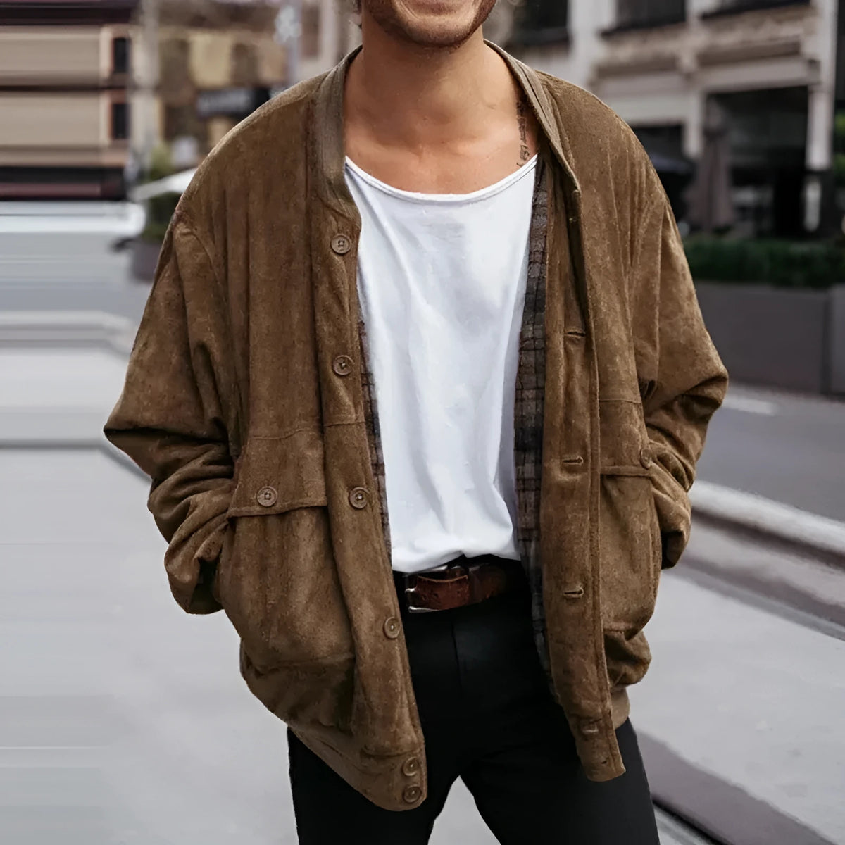 Men's corduroy jacket dark brown solid colour casual coat with polyester lining front view