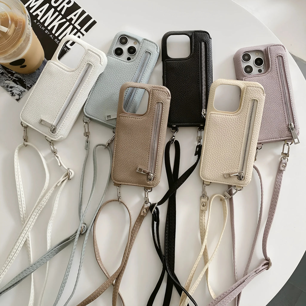 Lychee pattern phone case with card slot beauty mirror and crossbody strap in beige colour
