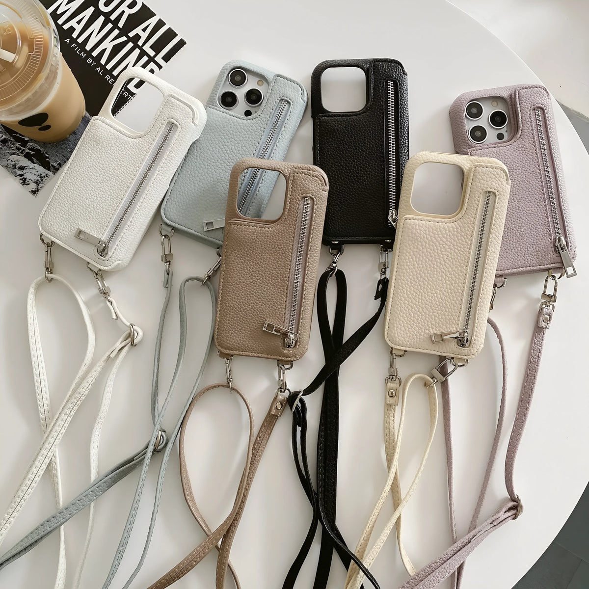 Lychee pattern phone case with card slot beauty mirror and crossbody strap in beige colour