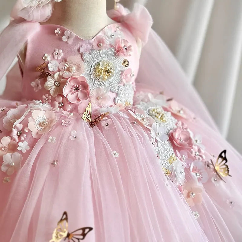 Pink children's mesh sleeveless vest host dress with cotton lining and princess-style skirt for girls 100-140cm