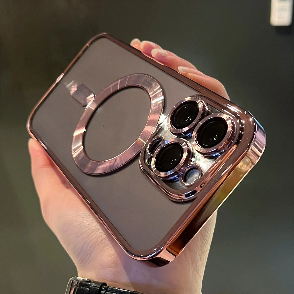 Electroplating magnetic transparent TPU phone case for iPhone in black colour on white background