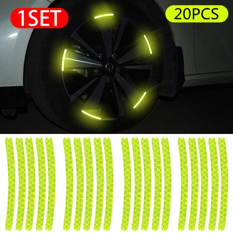 Pack of 20 arc-shaped PVC reflective stickers for car wheel hubs in multiple colour options