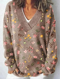Women's V-neck long sleeve sweatshirt with a 3D floral print pattern.