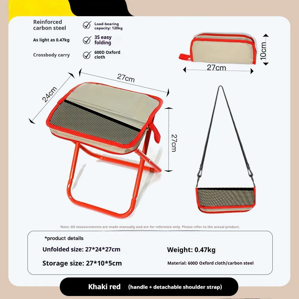 A foldable camp stool made from oxford cloth, shown in a khaki colour, folded into its compact pencil box shape.