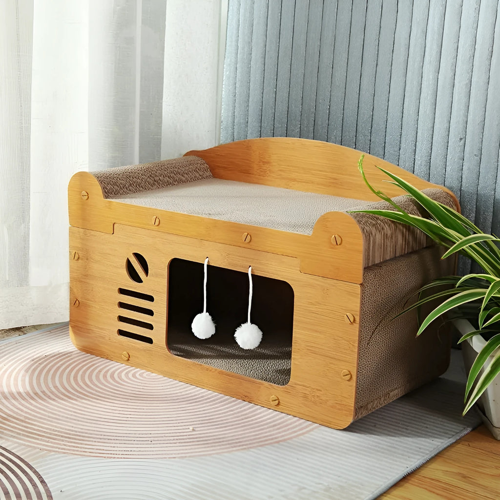Corrugated paper double-layer cat house with double ball double door design for indoor cats