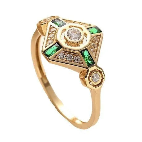 Square ins style women's ring with a lvzuan gemstone on a geometric electroplated band.