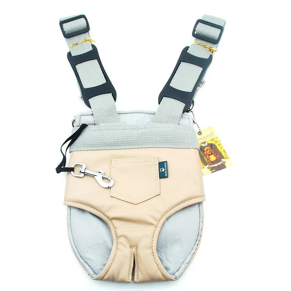 Adjustable pet chest bag in pink with soft PU exterior and cotton lining
