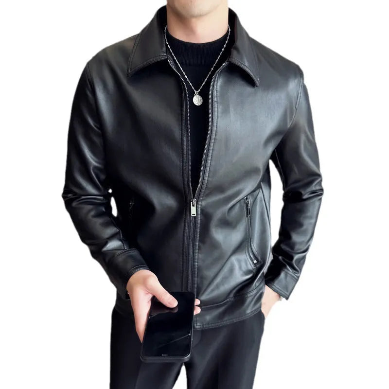 Men's black PU leather casual jacket with zipper pockets and loose fit