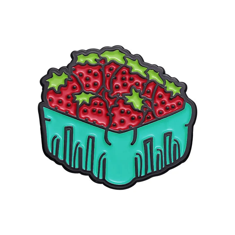 Close-up of a colourful cartoon fruit and letter design zinc alloy brooch pin.