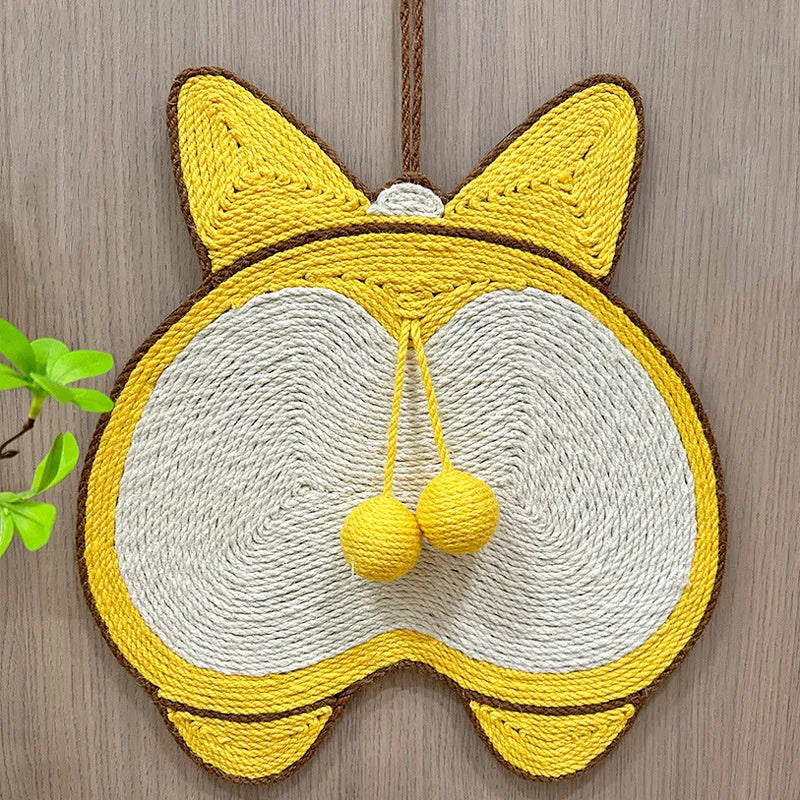 Yellow cat scratching pad with corgi design measuring 37x40cm with natural sisal surface