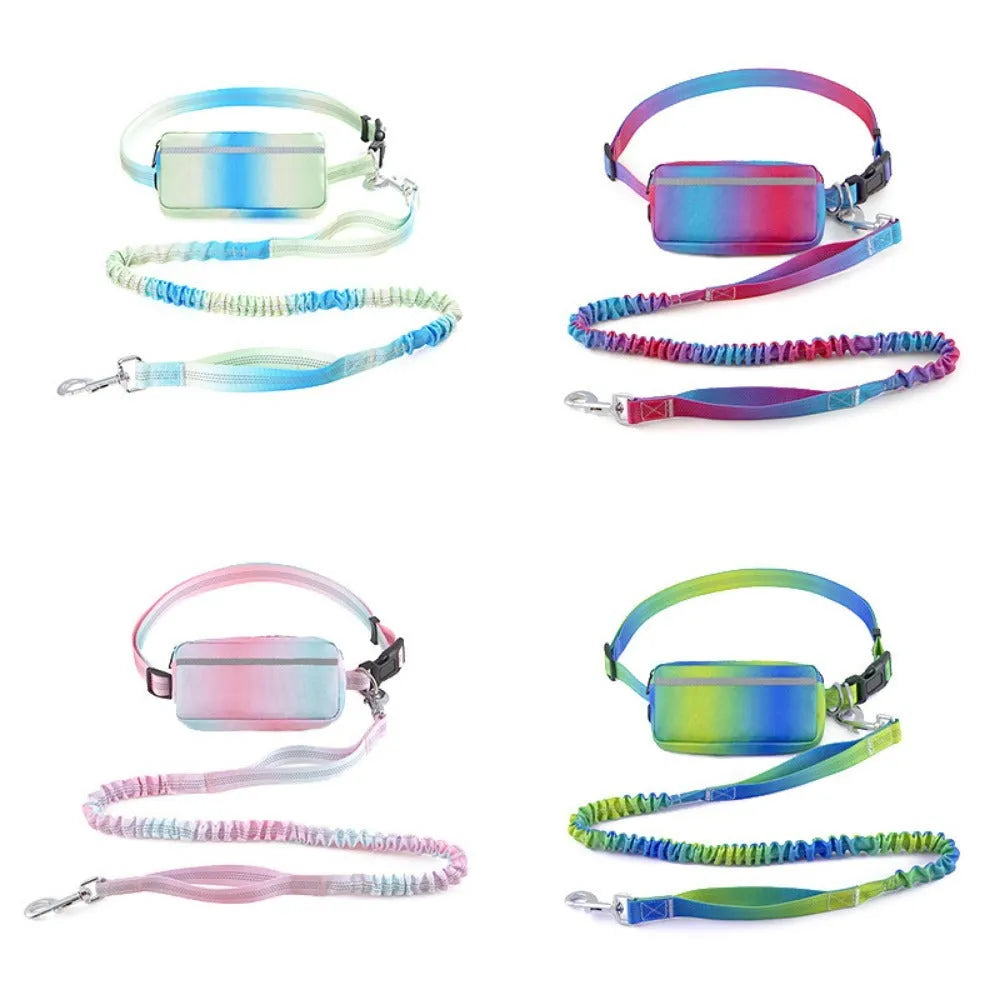 Blue adjustable hands-free dog leash with waist belt and reflective strips for walking and running