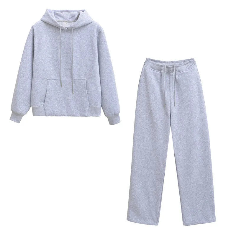 Women's hooded sweater and wide-leg pants set in solid colour beige, polyester blend, sizes S to XL