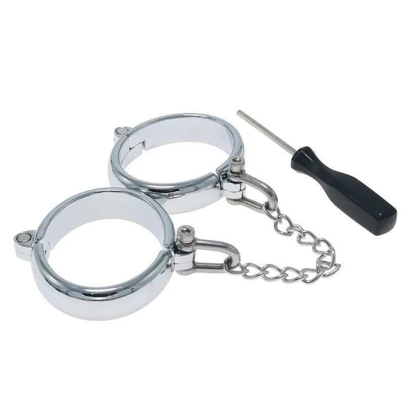 Silver zinc alloy handcuffs and footcuffs with stainless steel bracelet closures for adult restraints