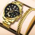 Gold men's business watch with steel strap showing calendar function and spiral crown