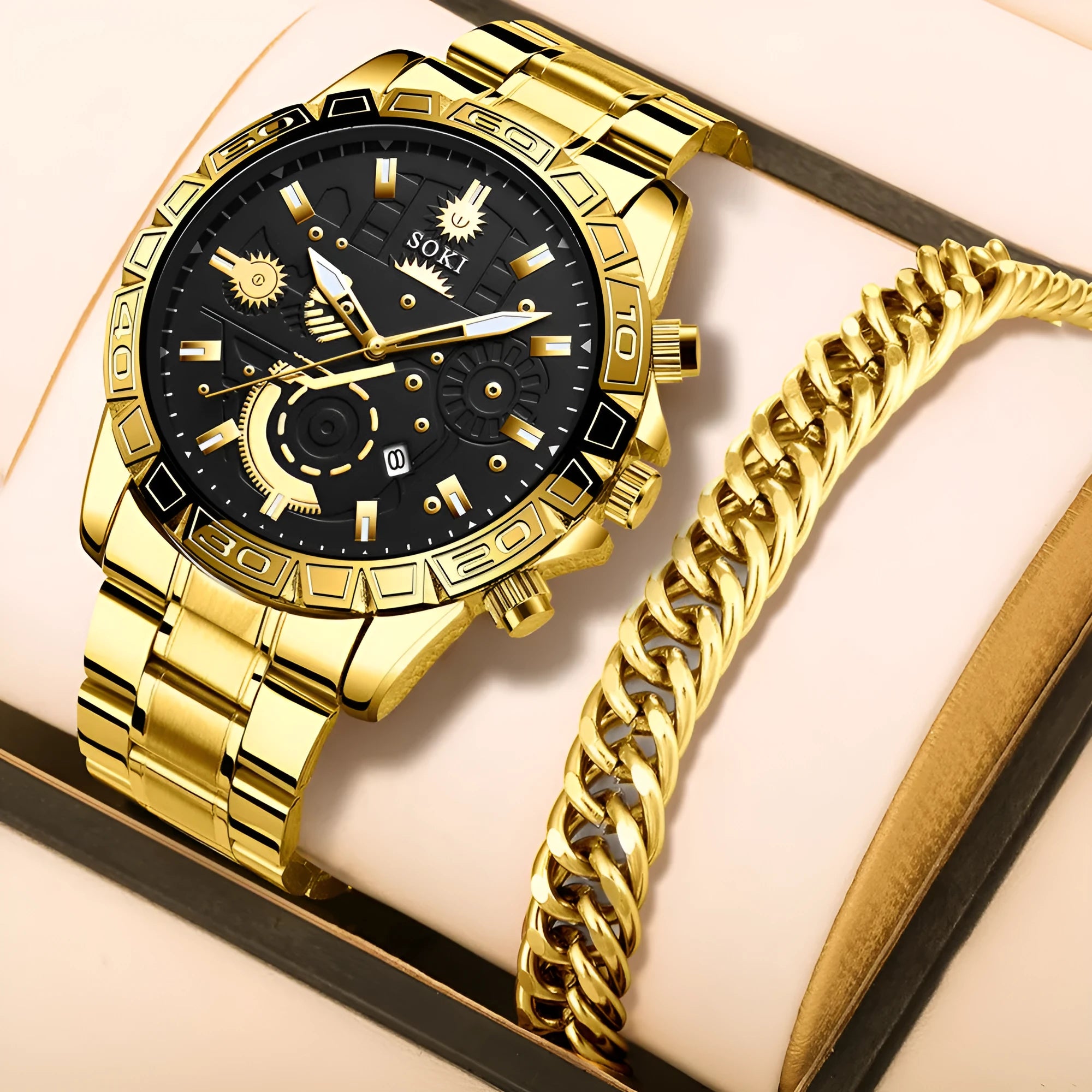 Gold men's business watch with steel strap showing calendar function and spiral crown