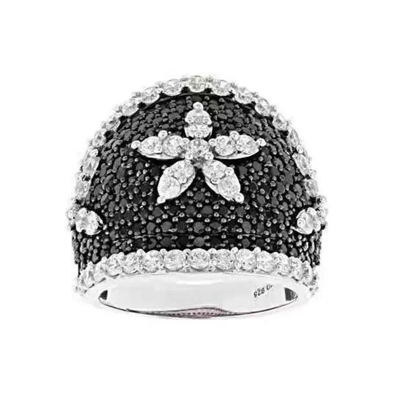 Unisex alloy geometric ring with black zirconia inlay and starry sky design on metal surface