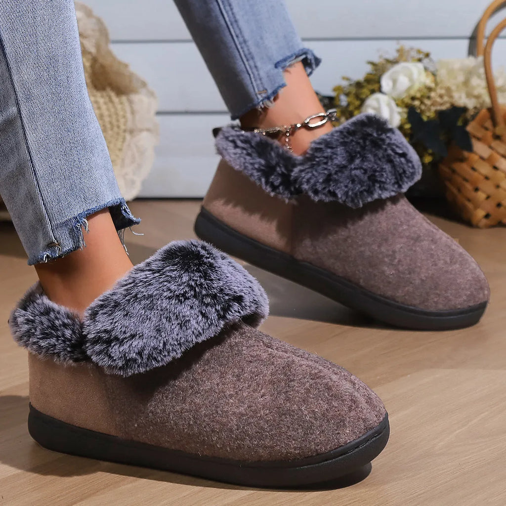 Wine red felt fur collar memory foam indoor slippers with synthetic leather upper
