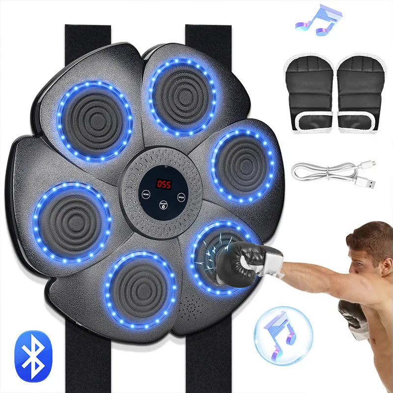 Black smart boxing wall target with Bluetooth lights and included half-finger gloves