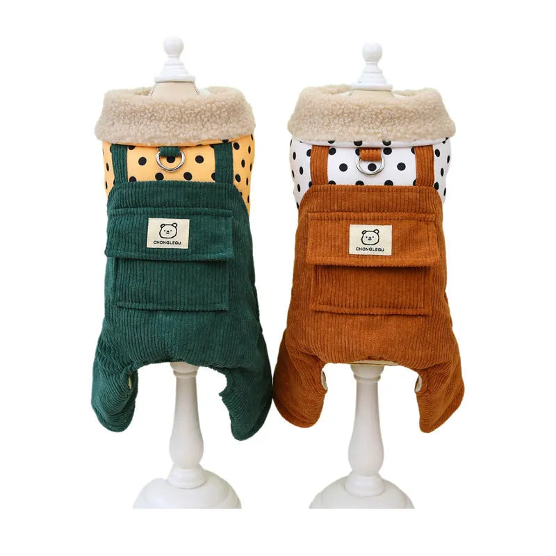 Thickened four-legged cotton pet clothes for small dogs in dark green and brown, sizes XS to XL