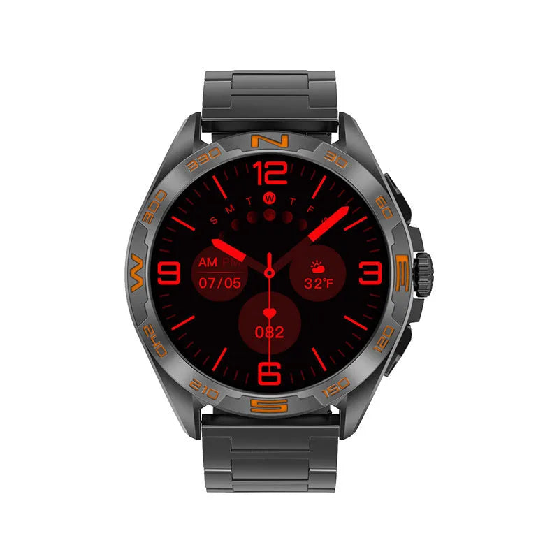 Black smart watch with touchscreen displaying health metrics, for men with WhatsApp reply and NFC.