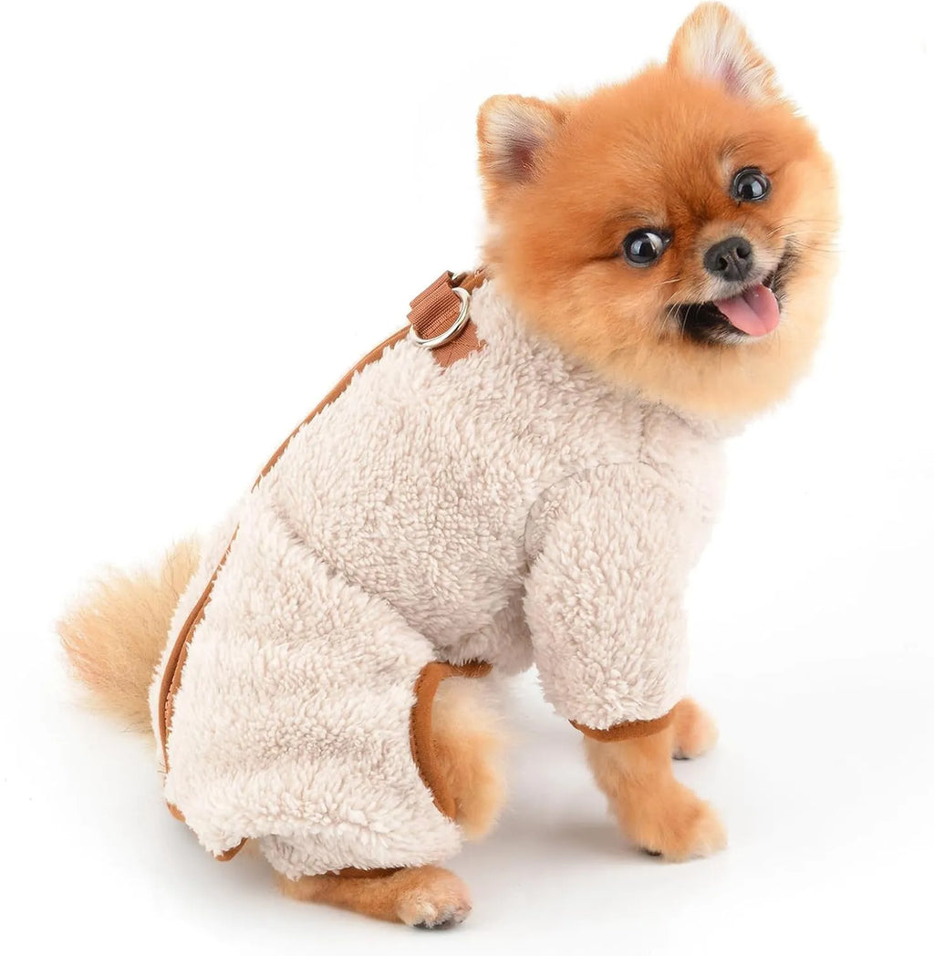 Small dog wearing a green fleece thermal jumpsuit coat with four legs and back zip closure.