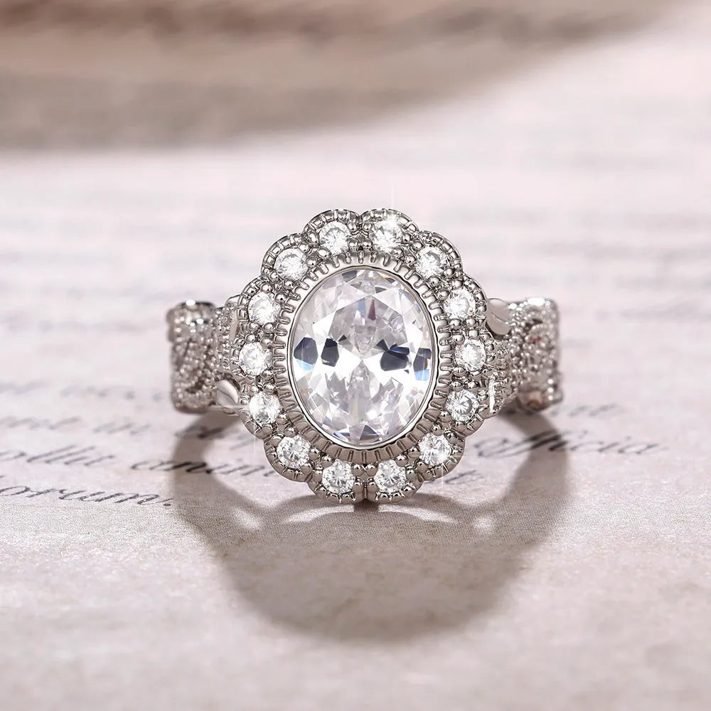 Women's white gold colour round zircon ring with geometric shape and diamond copper plating