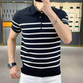 Black and white striped lapel knitted T-shirt pullover in chemical fibre blend fabric