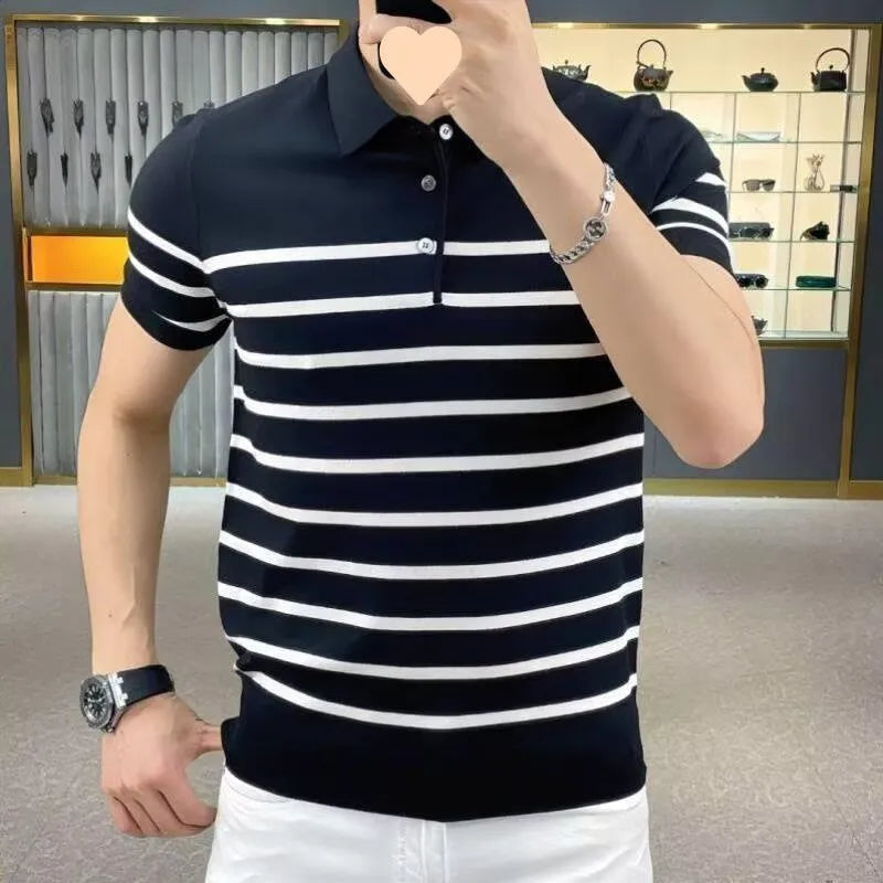 Black and white striped lapel knitted T-shirt pullover in chemical fibre blend fabric