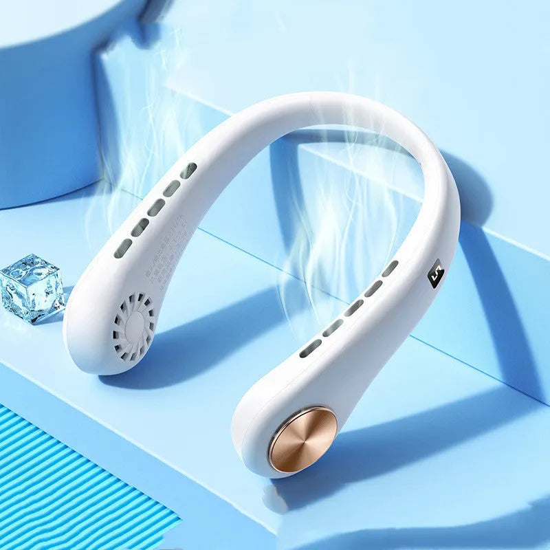 White bladeless neck fan hanging around neck with digital display showing cooling settings