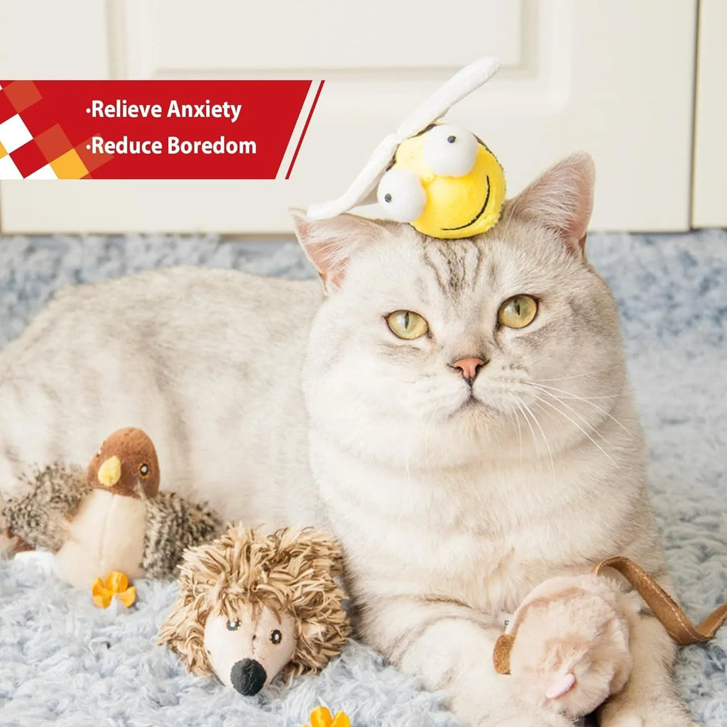 Yellow bee-shaped interactive cat toy with flannelette fabric and electronic sound components