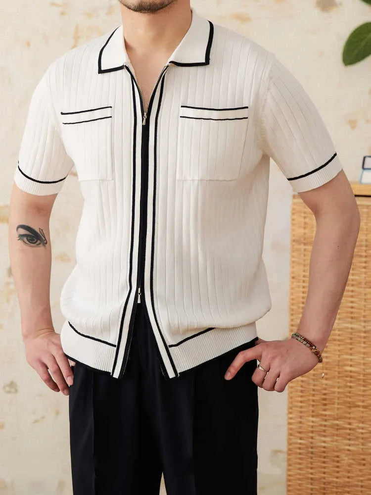 A man's slim-fit short-sleeved polo shirt with a lapel collar, shown in black and white.