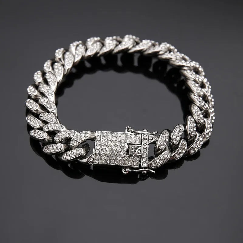 Cuban link bracelet, alloy chain with platinum inlaid gem, 21cm unisex hip hop jewellery in gold or silver