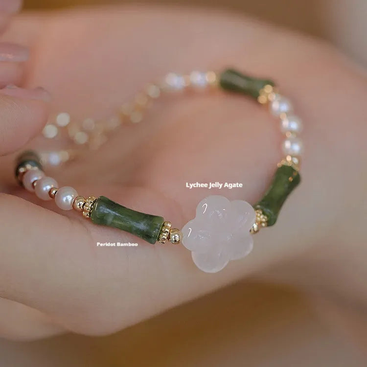 Women's antique Chinese style bracelet with bamboo joint design, Hetian jade, and 4mm shell pearls