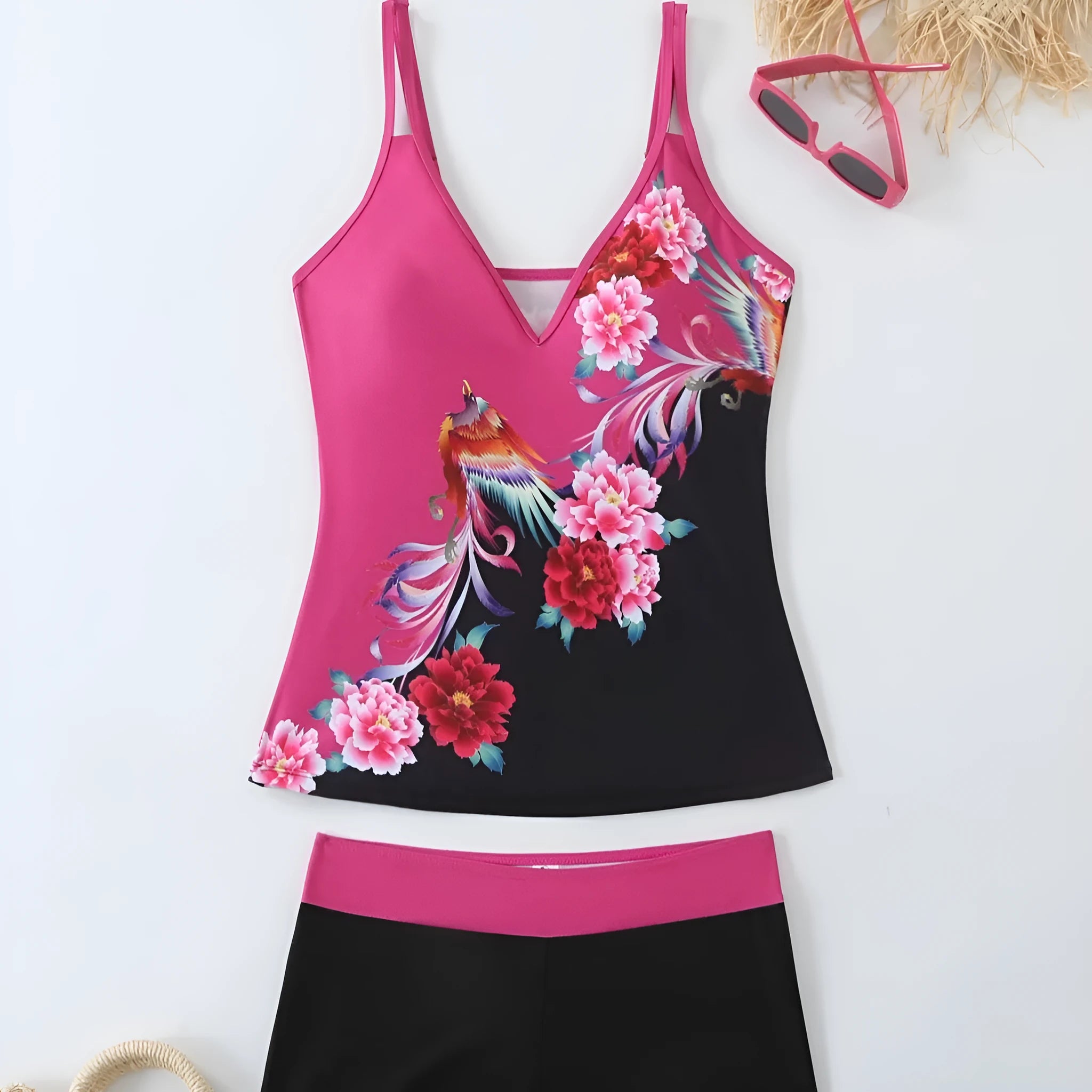 Plus size women's swimsuit set with brief-style top and matching swim shorts in black or rose red