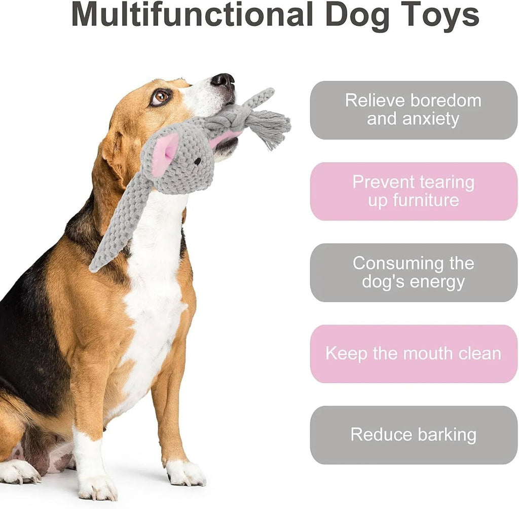 Soft plush dog toy with animal design, cotton rope tail, and internal squeaker and crinkle paper