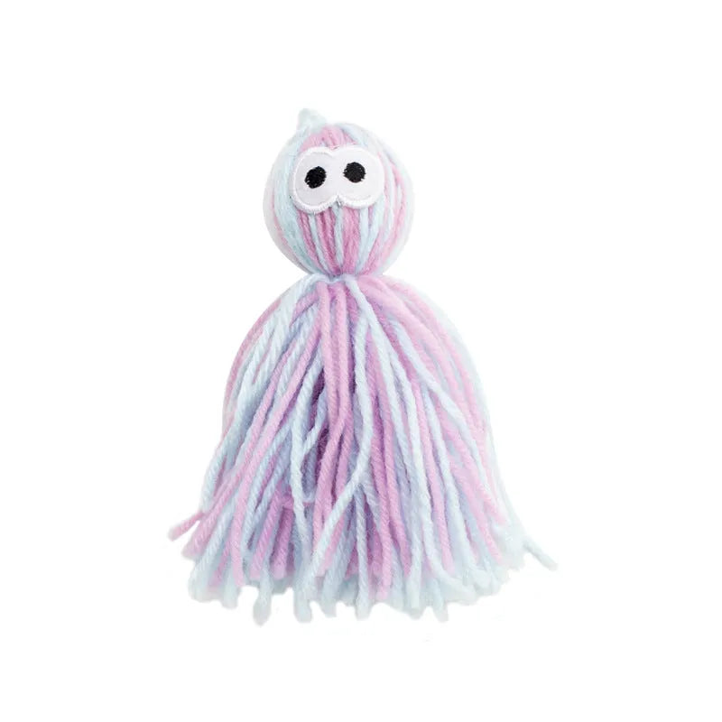 Hanging cat wool ball toy with teaser stick in blue gray, pink blue, or pink purple colour options