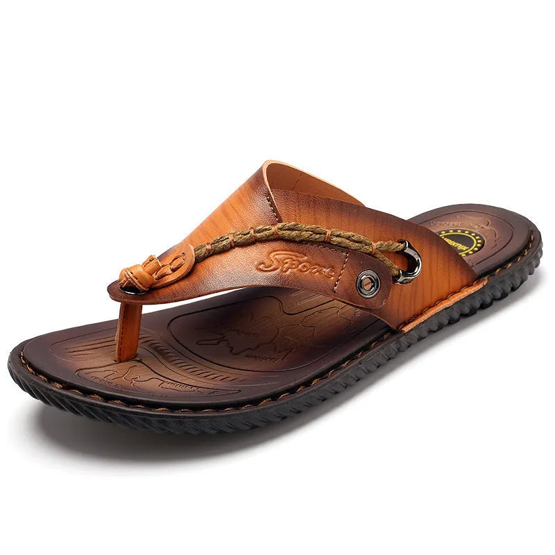 Men's black PU leather casual slippers with non-slip sole on a plain background