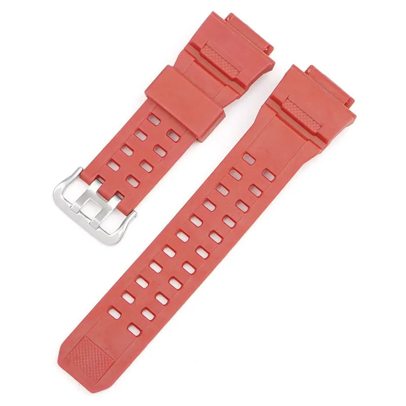 Camouflage TPU watchband with silver buckle, showing strap length and colour options