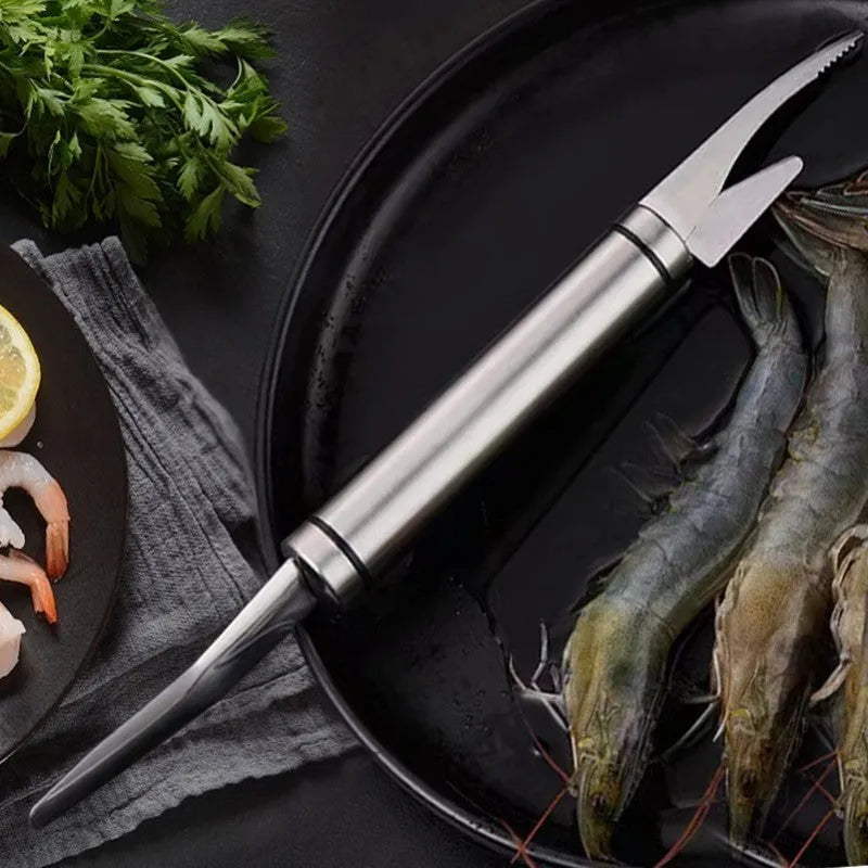 Multifunctional 304 stainless steel shrimp remover with eagle-beak tip and double row blades