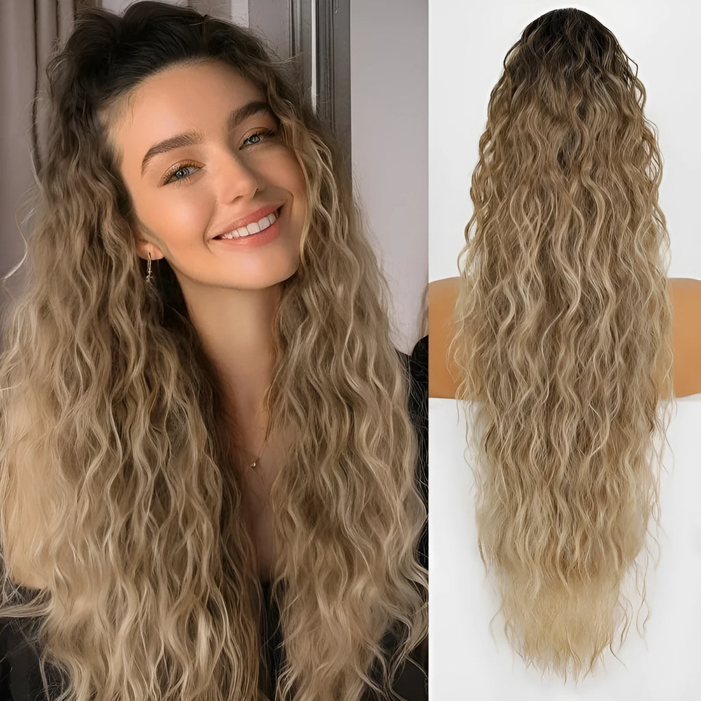 Fluffy long curly synthetic ponytail wig in high temperature fibre with grip attachment